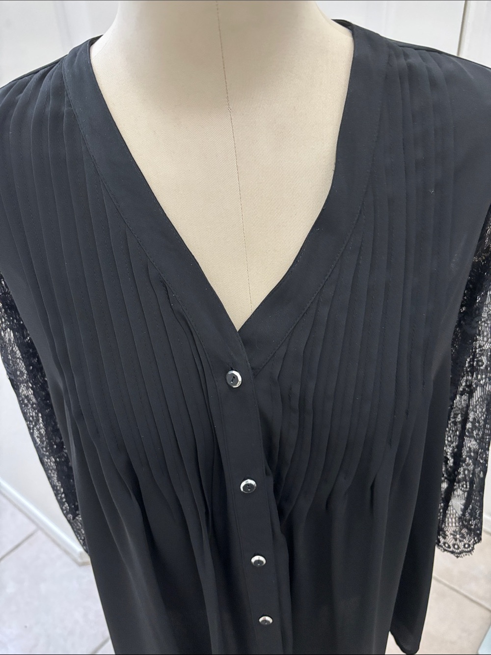 Black Lace-Sleeve V-Neck Button Front Women's Top by NY. Collection - Picture 4 of 5